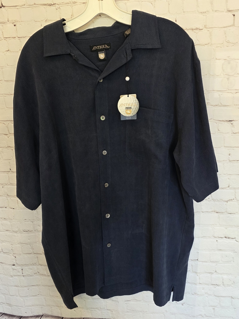 NWT Antigua Golf 100% Silk Polo Shirt Navy Blue Textured Large